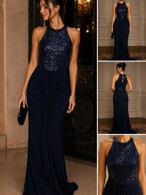 Vintage Cache Navy Sequin Halter Maxi Gown Formal Dress Size 4 Y2K Prom evening